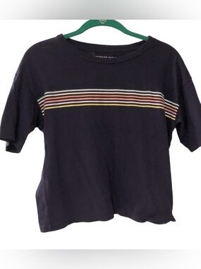 American Eagle Women’s Navy Blue Short Sleeve T-Shirt Pastel Chest Stripe XS